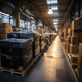 Boxes and cardboard in storage warehouses for export and import expeditions