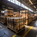 Boxes and cardboard in storage warehouses for export and import expeditions