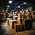 Boxes and cardboard in storage warehouses for export and import expeditions