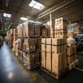 Boxes and cardboard in storage warehouses for export and import expeditions