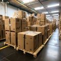 Boxes and cardboard in storage warehouses for export and import expeditions