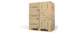 Boxes with Cartier logo on pallet. Editorial 3D rendering