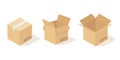 Boxes carton. Opened and closed cardboard box, beige delivery packaging angle view. Cardboard square pack cargo