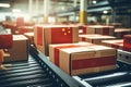 Boxes with China flag on conveyor belt in warehouse. 3D rendering, Cardboard boxes with red color Chinese flag on the roller