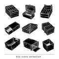 boxes collection, doodles set. vector illustration. silhouette black Royalty Free Stock Photo