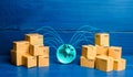 Boxes connected with the planet. Concept of delivering goods and products around the world. International transportation of goods Royalty Free Stock Photo