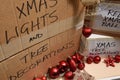 Boxes and containers of festive christmas lights and decorations Royalty Free Stock Photo