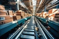 Boxes on a conveyor belt in a factory or courier cargo parcel warehouse