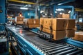 Boxes on a conveyor belt in a factory or courier cargo parcel warehouse