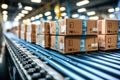 Boxes on a conveyor belt in a factory or courier cargo parcel warehouse