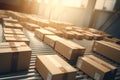 Boxes conveyor belt warehouse. Generate Ai Royalty Free Stock Photo