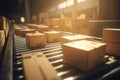 Boxes conveyor belt warehouse morning packing. Generate Ai Royalty Free Stock Photo