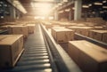 Boxes conveyor belt warehouse morning working. Generate Ai Royalty Free Stock Photo