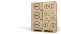 Boxes with Dell logo on pallet. Editorial 3D rendering