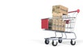 Boxes with E.LECLERC logo in shopping cart. Editorial 3D rendering