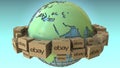 Boxes with eBay logo around the world, Africa and Europe emphasized. Conceptual editorial 3D rendering