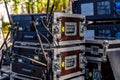 Boxes for equipment. Preparation for a concert. Portable equipment for concert. Closeup. Royalty Free Stock Photo