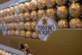 Box of 48 Ferrero Rocher chocolates displayed on a grocery store shelf Royalty Free Stock Photo