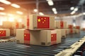 Boxes with flag of China on the conveyor belt. 3D rendering, Cardboard boxes with text made in China and chinese flag on the