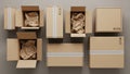 Boxes on a flat surface arranged in a grid pattern. Some are Royalty Free Stock Photo