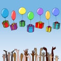 Boxes with gifts on balloons fall into the hands of people of different nationalities