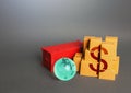 Boxes of goods and dollar symbol. World trade economy. Manufacture freight and sale of products. Markets. Business globalization.