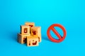 Boxes with goods and a red prohibition sign NO. Restrictions on import of products. Obstacles to imports and exports. Trade wars Royalty Free Stock Photo