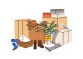 Boxes heap, packages pile with stuff, shoes. Cardboards stack with footwear, props, belongings and cute cat. Items