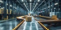 Boxes on a high-tech conveyor belt in a futuristic automated warehouse facility. Concept