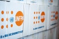 Boxes with humanitarian aid for temporary moved Ukrainian people on the warehouse
