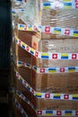 Boxes with humanitarian aid for Ukraine in volunteer centre warehouse