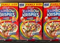 Boxes of Kellogg\'s brand Rice Krispies, New Rainbow Fruity Flavor