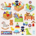 Boxes of kid toys vector illustration stuffed blocks cartoon cute graphic play childhood gift container.