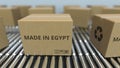 Boxes with MADE IN EGYPT text on roller conveyor. Egyptian goods related 3D rendering