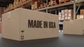 Boxes with MADE IN USA text on conveyor. 3d rendering Royalty Free Stock Photo