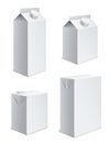 Boxes milk and juice. Realistic white cardboard packaging for beverages. 3D low or high drink containers. Blank bottles