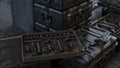 Boxes with modern weapons and ammunition in a military warehouse. 3D Rendering.