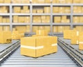 Boxes move along conveyor belts on the foreground, shelf with boxes on a blurred background,