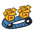 Boxes are moving along the blue transport ribbon. Icon, concept of delivery of goods