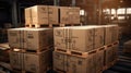 Boxes on pallet in the warehouse.Transportation system concept, heap of cardboard boxes in middle of the warehouse