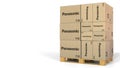 Boxes with Panasonic logo on pallet. Editorial 3D rendering