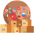 Boxes with parcels for international delivery of goods. Planet surrounded by flags of countries