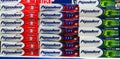 Boxes of Pepsodent toothpaste for sale in the Metro AG hypermarket on January 20, 2020 in Russia, Kazan, Tikhoretskaya Street 4