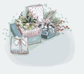 Boxes presents blue vector christmas card background soft color pastel paint style