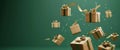 Boxes with ribbons are flying in the air over the green background, falling gift boxes, holidays and celebrations