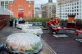 Boxes of sandwiches and salad served in a rooftop cafe in Los Angeles, California