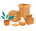 Boxes set. Cardboard boxes with various things and plant. Moving and relocation concept. Hand-drawn color vector isolated