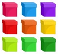 Boxes set. Collection of colorful closed warehouse cardboard box. Color image of package. Vector illustration of paper cubes Royalty Free Stock Photo