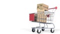 Boxes with E.LECLERC logo in shopping cart. Editorial 3D animation