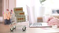 Boxes with DHL logo in shopping trolley near customer with laptop. Editorial online shopping from home 3D rendering
